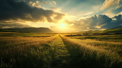 Sunlit Path Through Grassy Field