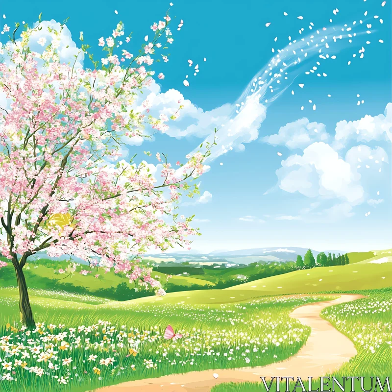 AI ART Spring Meadow with Blossoming Tree