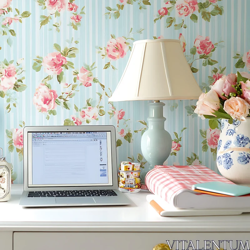 AI ART Cozy Home Office with Laptop and Flowers