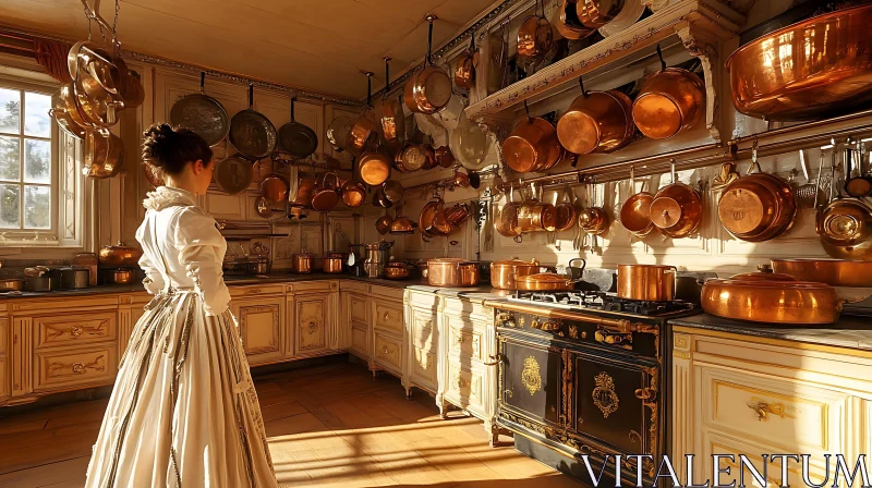 AI ART Woman in Antique Kitchen with Copper Cookware