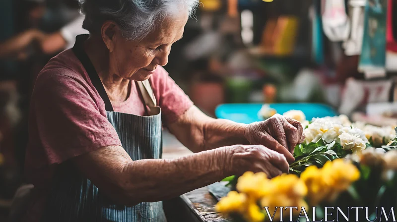 Senior Florist Creating Floral Arrangement AI Image