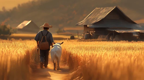 Farmer and Cow in Golden Field