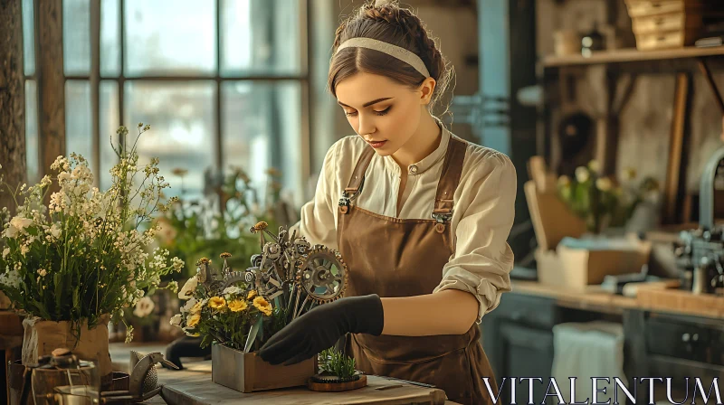 Woman crafting floral arrangements in workshop AI Image