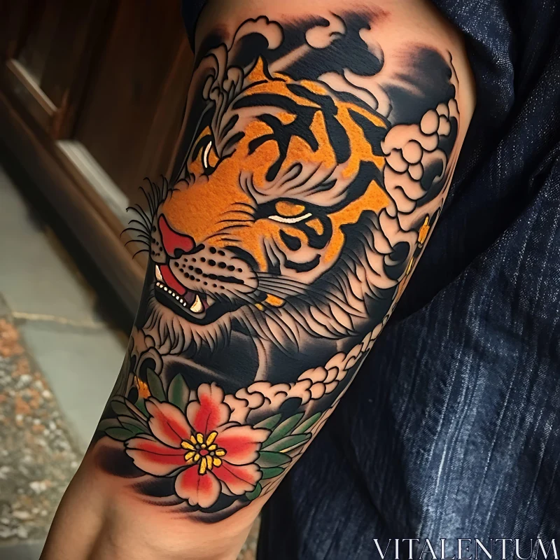 Fierce Tiger with Floral Tattoo Art AI Image