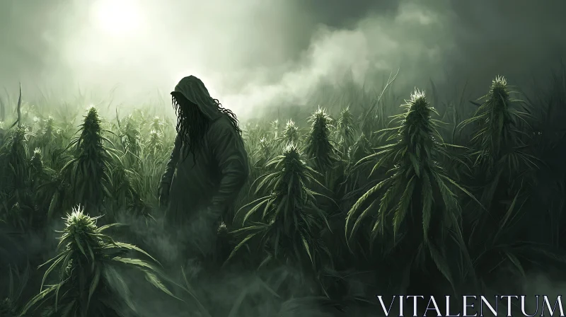 Hooded Wanderer in Misty Plant Field AI Image