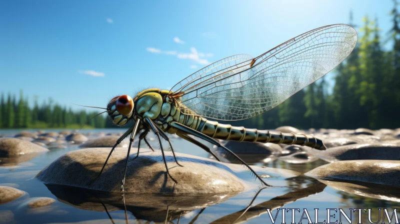 3D Rendered Image of a Dragonfly on Rocks by a Stream AI Image