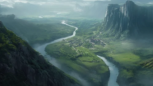 Scenic Valley with River and Medieval Castle