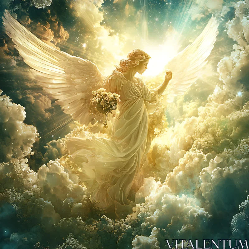 AI ART Angel with Flowers in Heavenly Light