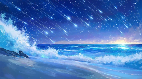 Nighttime Ocean Waves with Starry Sky