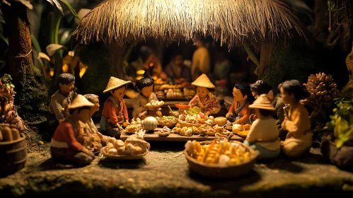 Asian Miniature Figures Sharing Meal