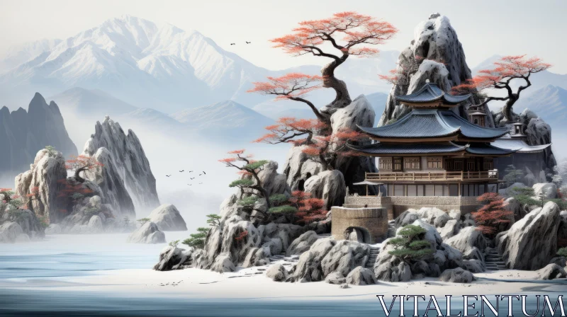 Ancient Asian Temple in Snowy Mountain Landscape AI Image