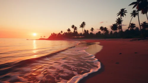 Breathtaking Beach at Sunset with Palm Trees and Ocean Waves