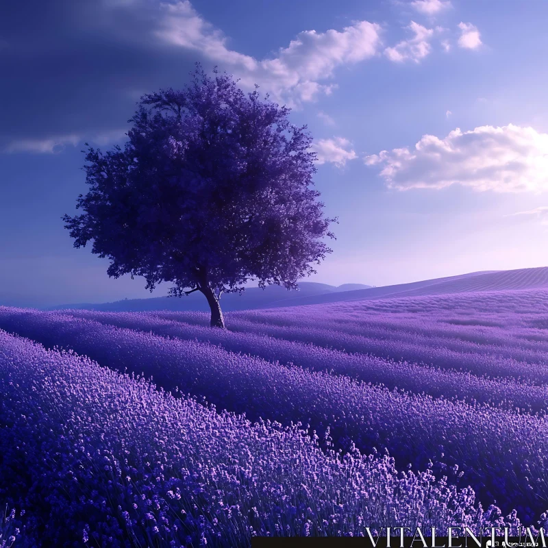 AI ART Purple Tree Over Lavender Field Artwork