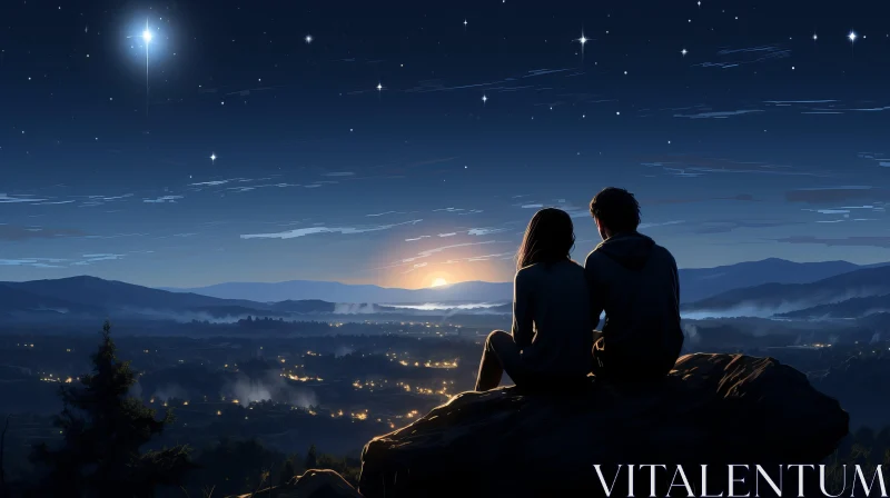Couple Stargazing Over City - Anime Art AI Image