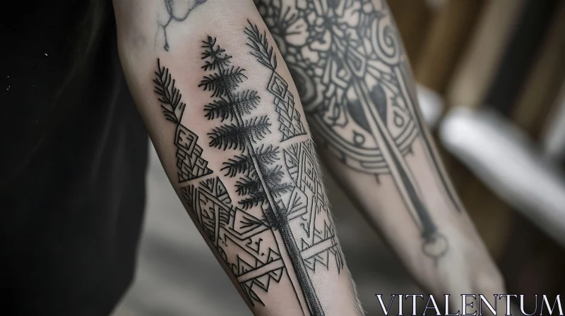 Blackwork Forest Tattoo with Geometric Patterns AI Image