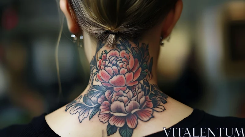 Detailed Peony Tattoo on Neck AI Image