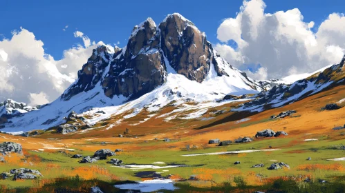 Snowy Mountain Landscape with Meadow Flowers