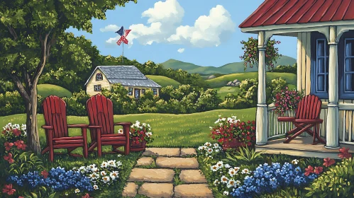 American Landscape with Red Chairs and Flowers