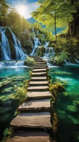 Enchanting Wooden Path Leading to a Majestic Waterfall