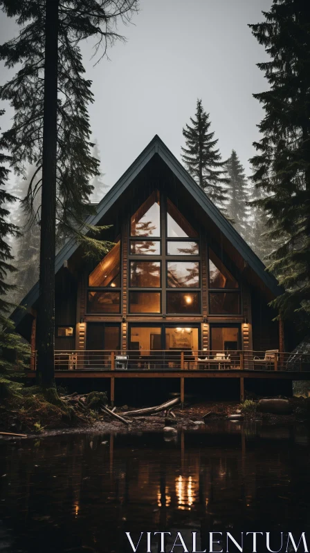 Luxurious Cabin in Foggy Forest | Dark Brown and Navy | Northwest School AI Image
