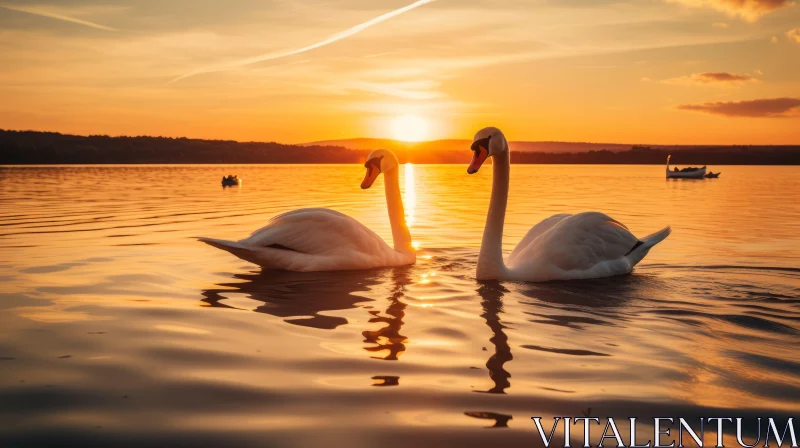 Romantic Scenery: Swans Swimming in Lake at Sunset AI Image