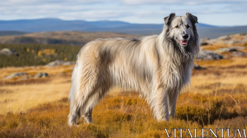 Shaggy Dog Standing on Grassy Hills in Light Silver and Amber AI Image