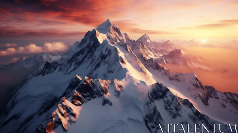 Snow-Covered Mountains at Sunset: A Realistic and Hyper-Detailed Rendering AI Image