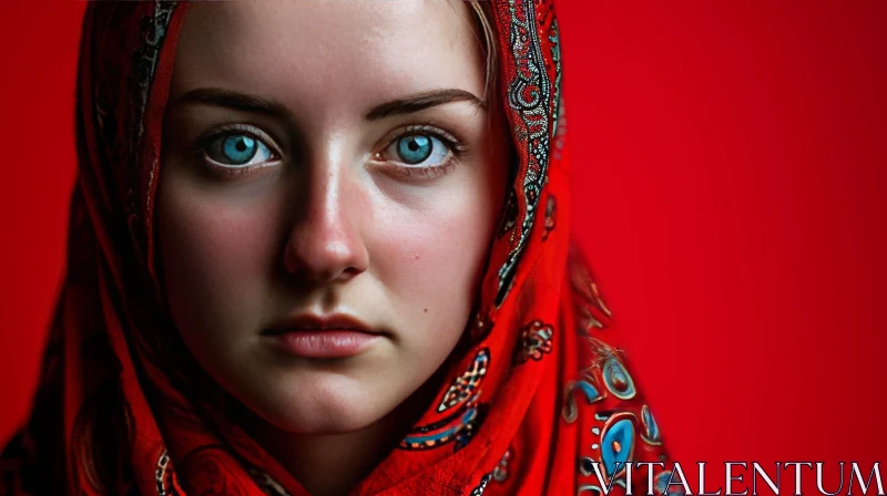 AI ART Stunning Portrait of a Woman with Blue Eyes and a Red Headscarf