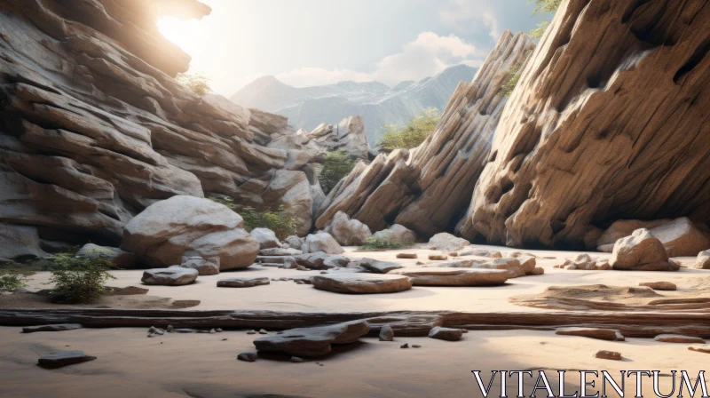 Surreal 3D Landscape of Rock Canyon and Coastal Views AI Image