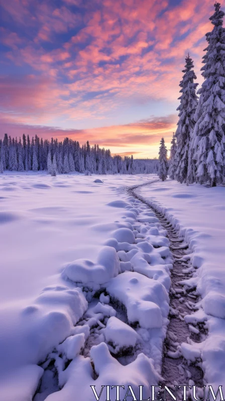 Winter Trail: A Serene Journey Through a Snowy Landscape AI Image
