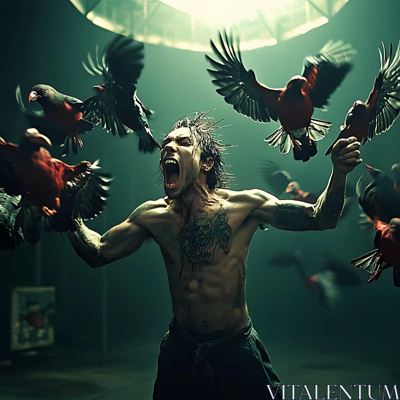 Tattooed Man with Flying Birds AI Image