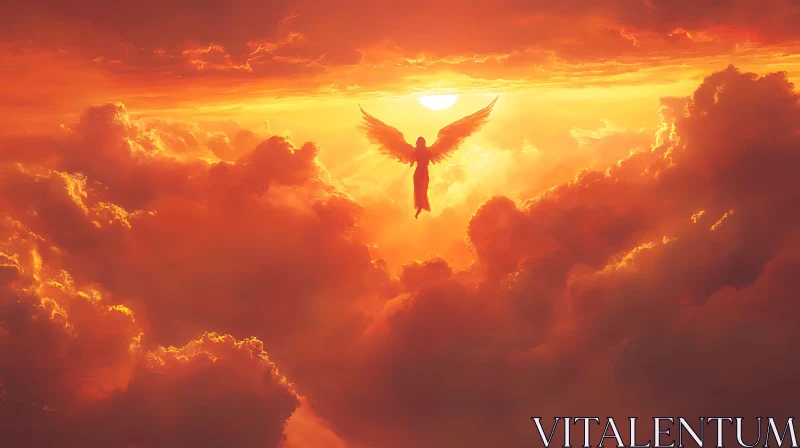 Winged Angel in Fiery Sunset AI Image