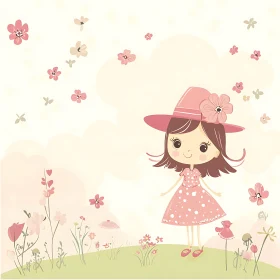 Cute Girl with Pink Flowers Illustration