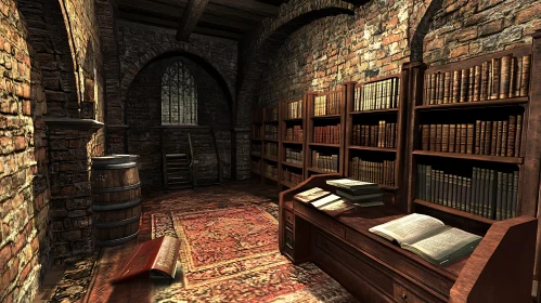 Antique Library with Books and Desk