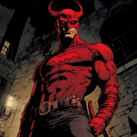 Red Superhero with Horns in Cityscape