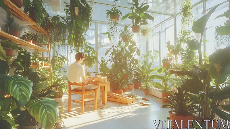 Indoor Greenhouse Scene With Person Assembling Furniture AI Image