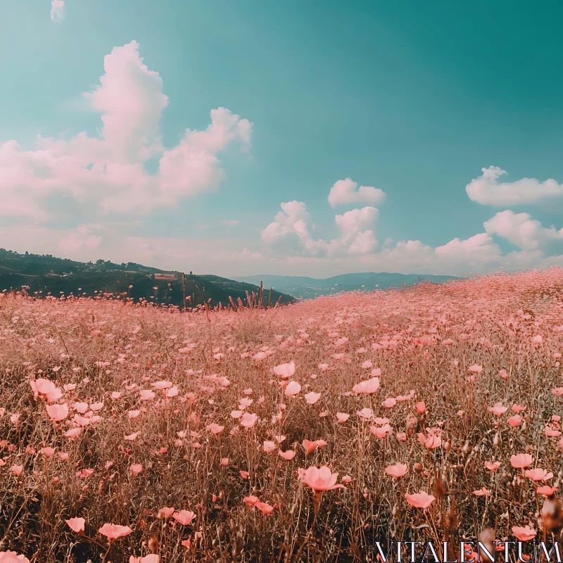 Pastoral Pink Flower Landscape AI Image