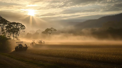 Tractors Harvesting at Dawn in Misty Field