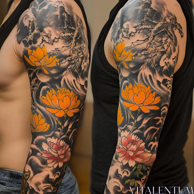 Floral Tattoo Arm Sleeve with Lotus Flowers AI Image