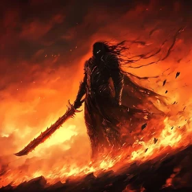 Armored Figure in Burning Landscape