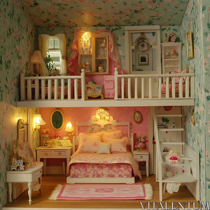 AI ART Miniature Floral Bedroom Dollhouse Scene