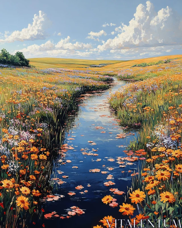 Scenic Meadow with Flowing Water Artwork AI Image