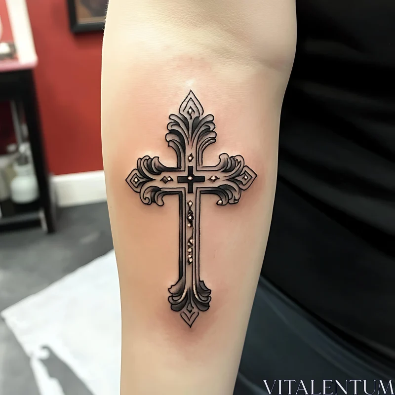 Intricate Cross Tattoo with Ornamental Detailing on Arm AI Image