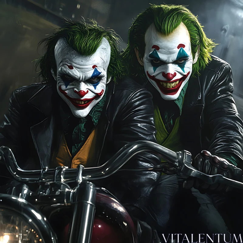 Sinister Ride: Two Jokers on a Bike AI Image