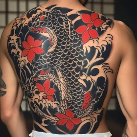 Detailed Snake Back Tattoo with Floral Accents