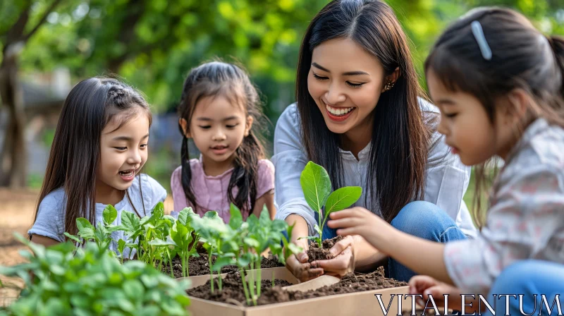 Kids Gardening with Woman Planting Crops AI Image