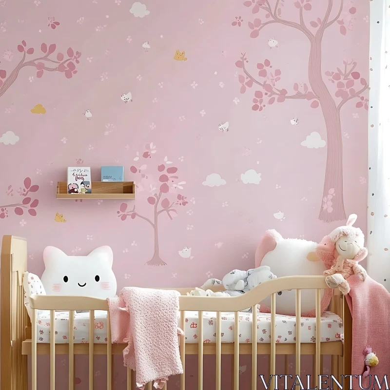 AI ART Pink Nursery with Blossom Tree Wall Art