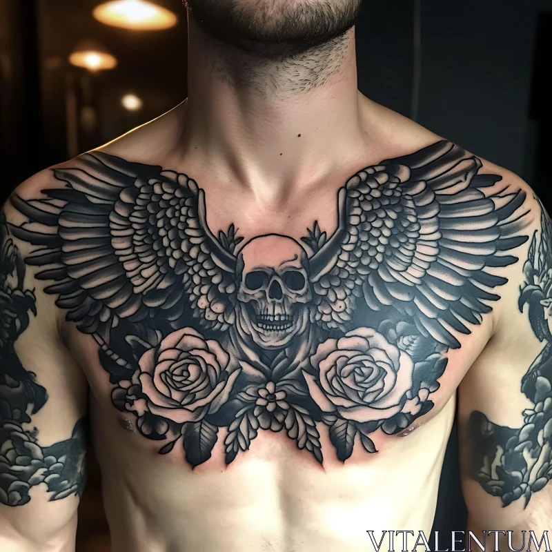 Elaborate Black and Grey Chest Tattoo with Skull and Wings AI Image