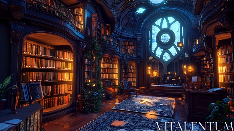 AI ART Majestic Library with Glowing Bookshelves