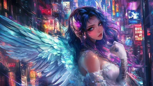 Ethereal Angel in Neon Metropolis